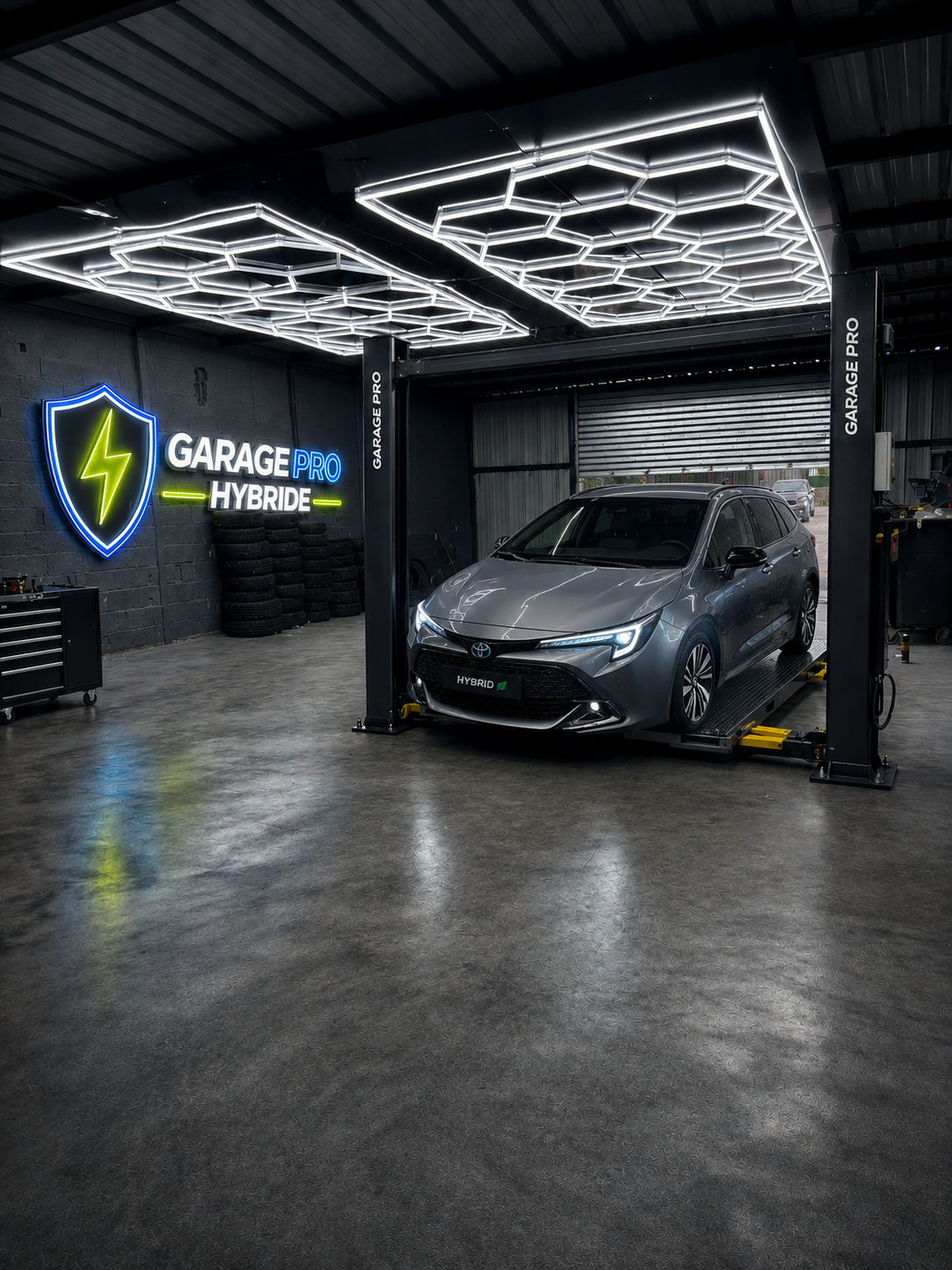Atelier Garage Pro Hybride — Toyota Corolla sur pont 2 colonnes